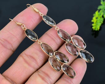 Smoky Quartz Gemstone Dangle Women Handmade Copper Earring- Anniversary Jewelry