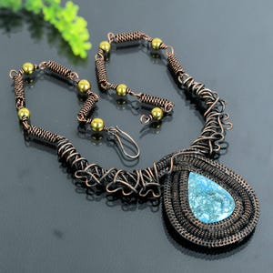 Tibetan Turquoise Necklace: Copper Wire Wrapped Pear Gemstone, 18 inch
