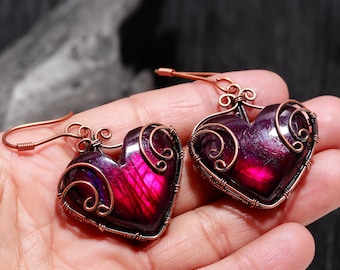 Wire Wrapped Copper Earrings: Natural Purple Labradorite Heart Drops