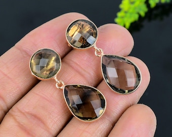 Pendientes de cobre hechos a mano con gema de cuarzo ahumado - Joyería de regalo para hija