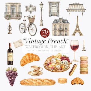 Könnte beinhalten: Aquarell-Clipart "Vintage French" mit Pariser Elementen: Eiffelturm, Fahrrad, Metro-Schild. Enthält Croissants, Käse, Trauben, Wein und architektonische Details.