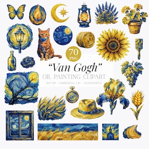 May include: A collection of 70 PNG oil painting clip art elements in the style of Van Gogh. The images include a cat, sunflower, landscape, and other objects in shades of blue, yellow, and orange.