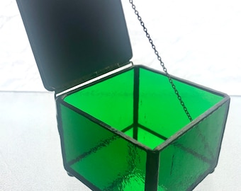 Green Glass and Mirror Trinket Box, 3” cube