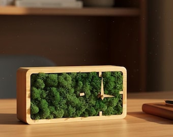 Minimalist Wooden Desk Clock | Unique Moss Table Clock for Home Office | Ideal Corporate Gift