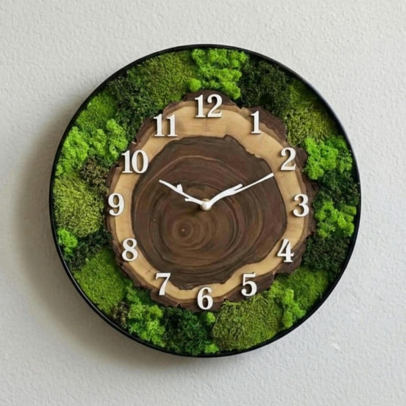 Moss and Wood Wall Art Clock: Metal Frame, Silent Quartz, Evergreen - Etsy