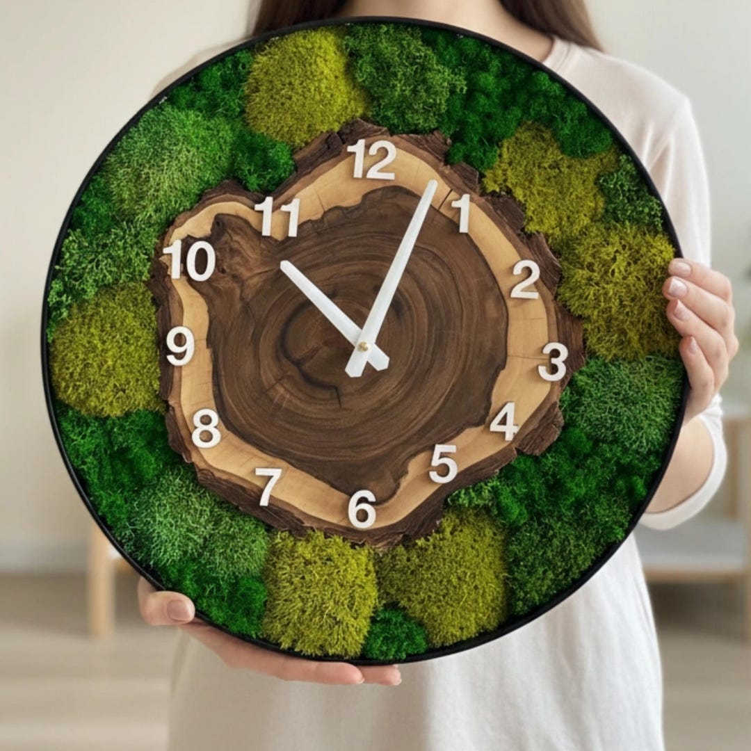 Moss and Wood Wall Art Clock: Metal Frame, Silent Quartz, Evergreen - Etsy