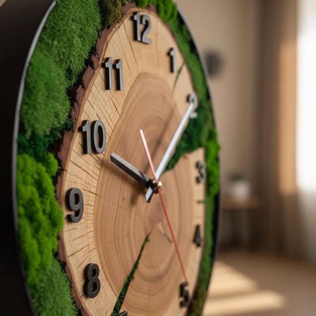 Wood and Moss Wall Clock in Metal Frame: Silent Quartz, Dopamine Decor ...
