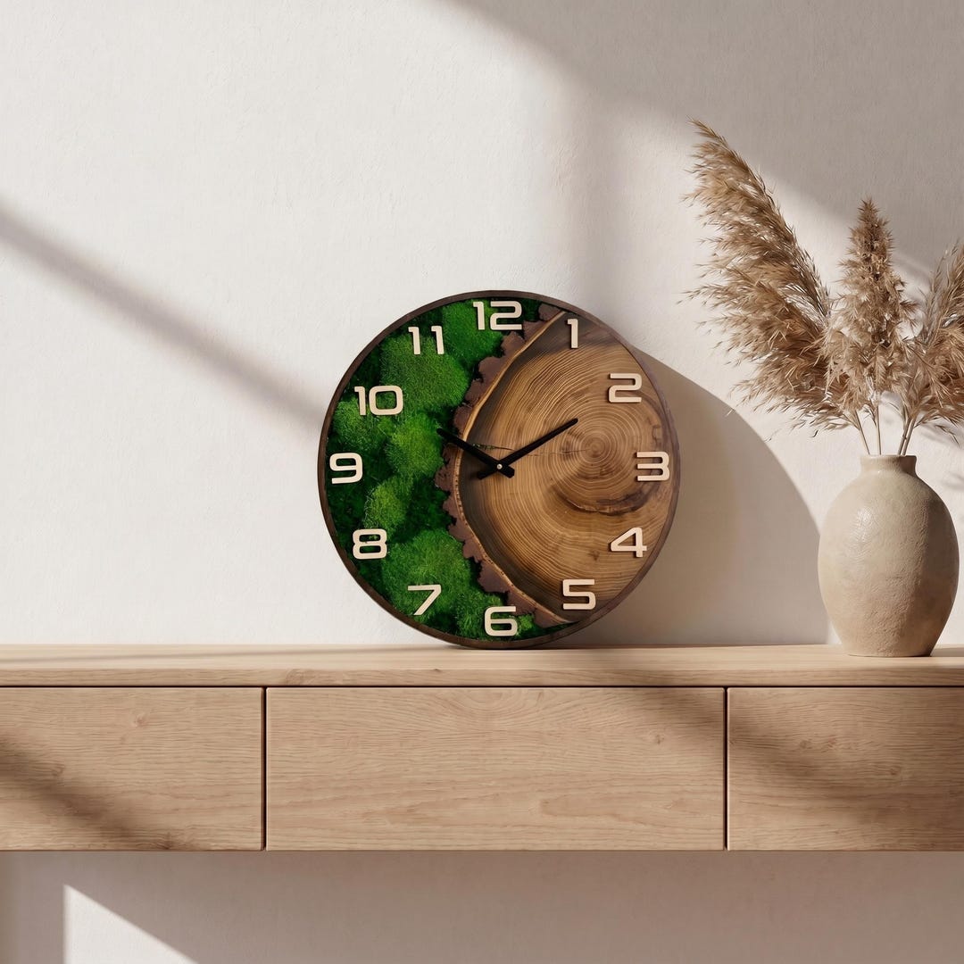 Large Wall Clock Wood and Moss Wall Decor Living Room Art - Etsy