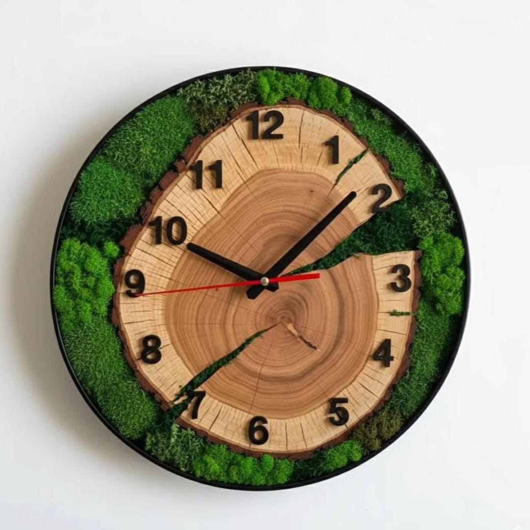Wood and Moss Wall Clock in Metal Frame: Silent Quartz, Dopamine Decor ...