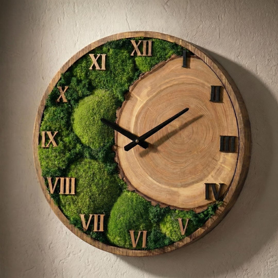 Moss Wall Clock Decor | Natural Wood Art | Scandinavian Interior ...