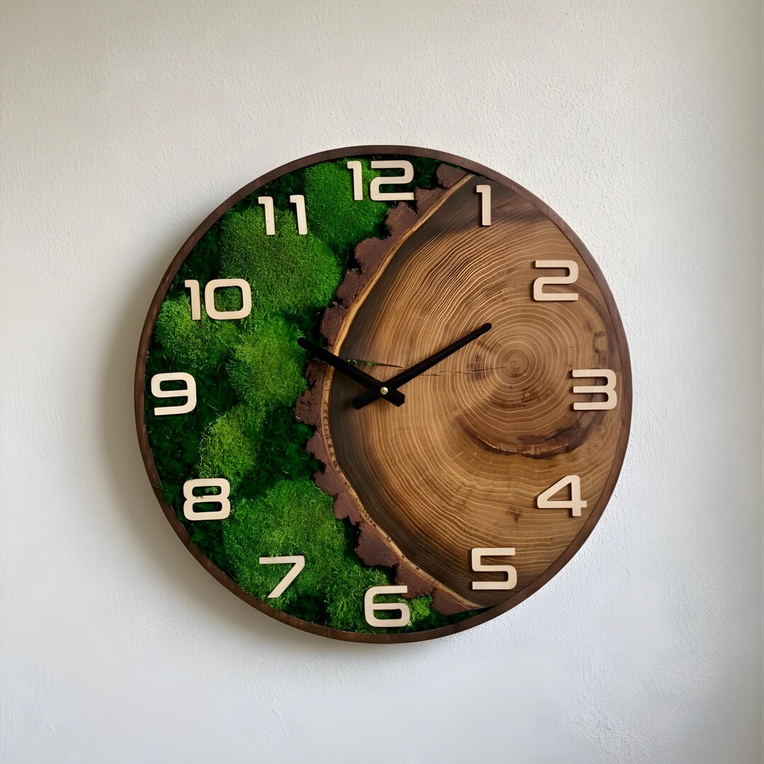 Wood and Moss Wall Art Clock: Wooden Frame, Silent Quartz, Live Edge ...