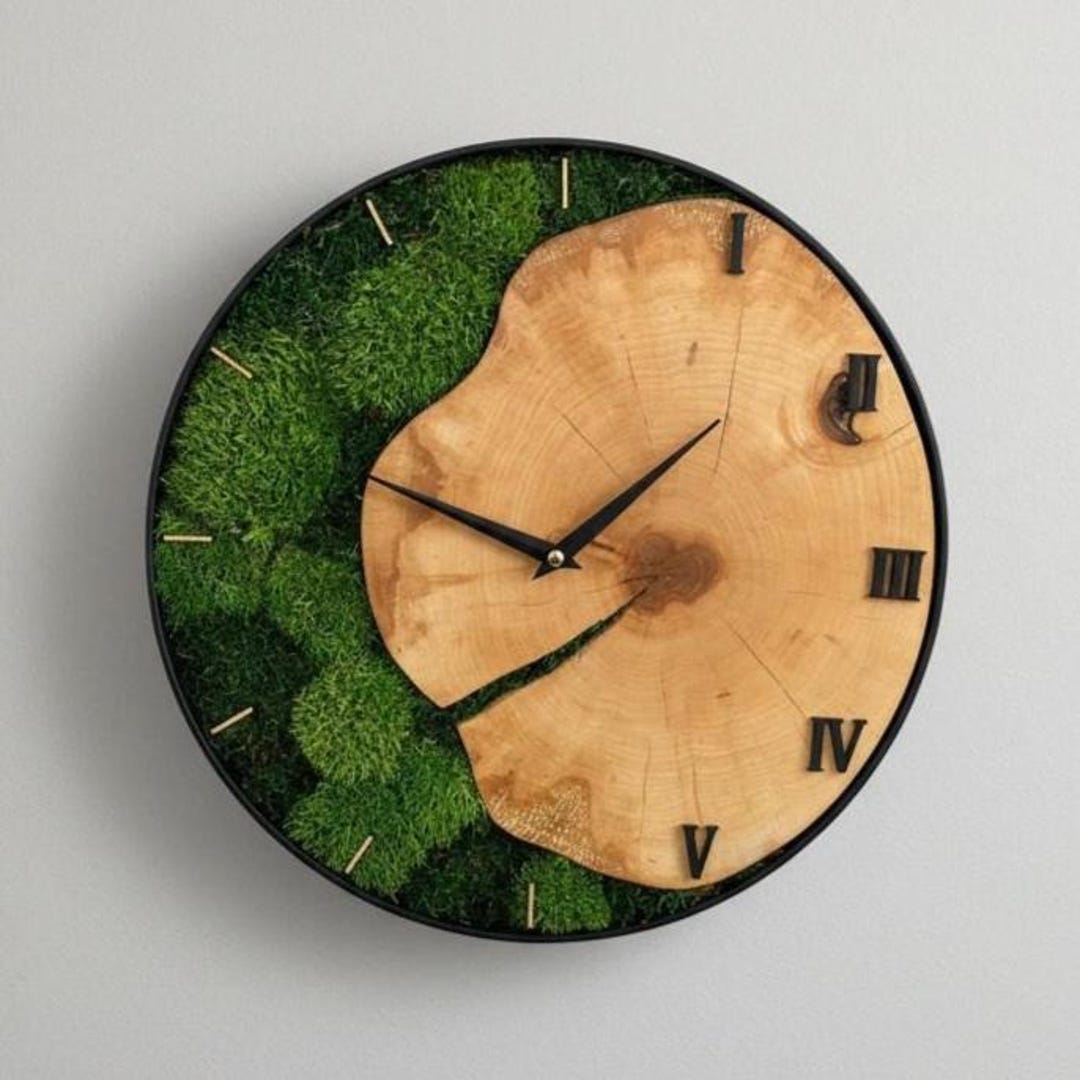 Wood and Moss Wall Art Clock: Metal Frame, Silent Quartz, Live Edge ...