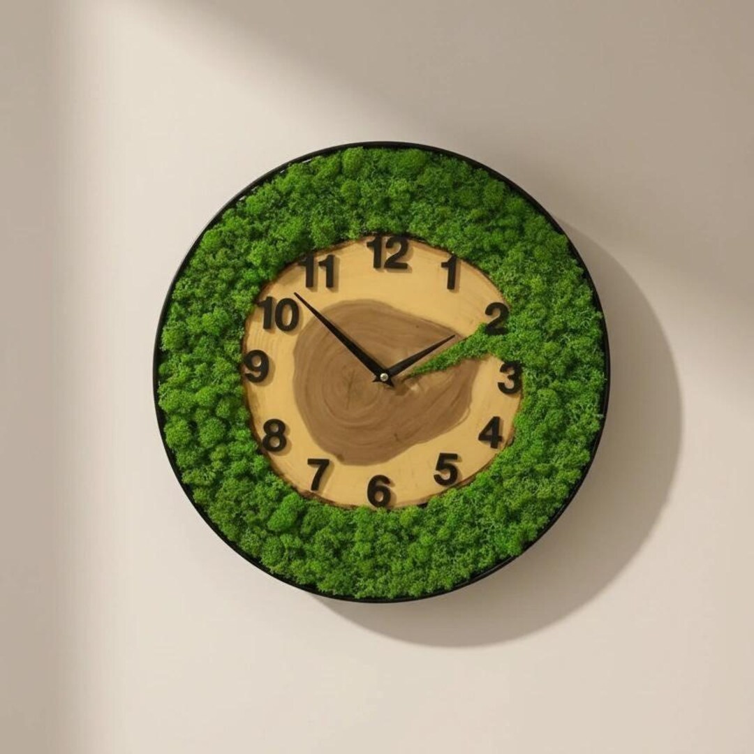 Natural Wood Slice Moss Clock, Preserved Greenery Wall Decor, Modern ...
