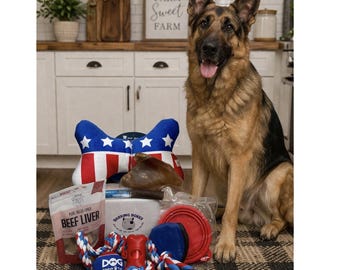 Scatola regalo Barking Box in edizione limitata USA per cani / Regalo per il giorno dell'adozione - Assortimento regalo - Set interattivo con giocattolo e snack / Sostiene i cani bisognosi