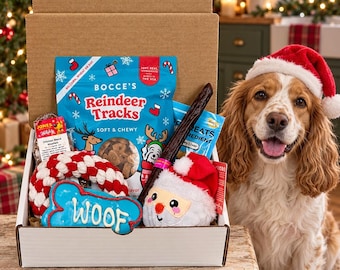 May include: A cardboard gift box filled with dog treats and toys, including a bag of Bocce's Reindeer Tracks, a red and white rope ring, a blue bone-shaped cookie with the text WOOF, and a plush Santa toy, next to a dog wearing a Santa hat.