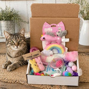 Könnte beinhalten: Eine getigerte Katze sitzt neben einer offenen Pappschachtel voller Katzenspielzeug. Die Schachtel enthält ein rosa Einhorn-Spielzeug, einen Regenbogen und mehrere andere bunte Spielzeuge. Die Schachtel steht auf einer Holzoberfläche.