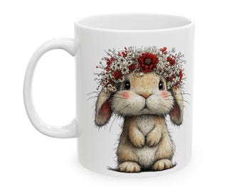Floral Bunny Illustration Mug | Ceramic Coffee Tea Cup