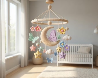 Floral Butterfly Crib Mobile, Crochet Moon Nursery Decor, Pastel Hanging Mobile, Handmade Soft Room Decoration, Gift Idea