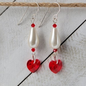 Herz Valentinstag Ohrringe * Rote Kristalle * Weiße Kristalle Perle Tropfen * Sterling Silber Ohrhaken