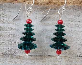 Christmas Tree * Emerald & Red Swarovski Crystals * Sterling Silver Ear Wires