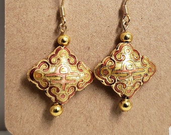 Cloisonne Earrings * Rust Triangles * Gold-Plated Beads * 14kt Gold-Plated Ear Wires