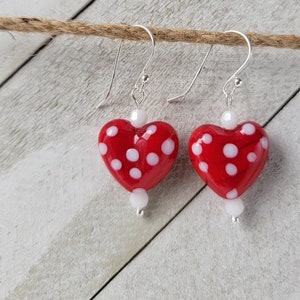 Heart Valentine&#39;s Day Earrings * Red Polka Dot Lampwork Beads * Sterling Silver Ear Wires
