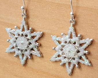 Snowflake Green Shimmery * Sterling Silver Ear Wires 1 1/2" Long