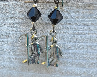 Halloween * Grim Reaper * Black Crystal * Sterling Silver Ear Wires