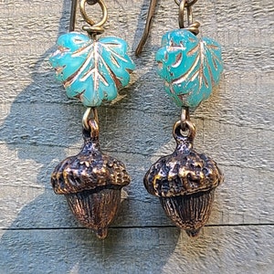 Acorn Bronze Earrings * Fall Etched Leaves * Sold Brass Ear Wires