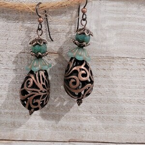 Cuprite Gemstone * Antique Copper-Plated Filigree * Niobium & Copper Bead Hypoallergenic Ear Wires