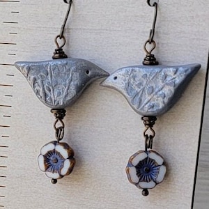 Flower Hibiscus * Blue Bird Earrings* Hypoallergenic Niobium Antique Brass Ear Wires