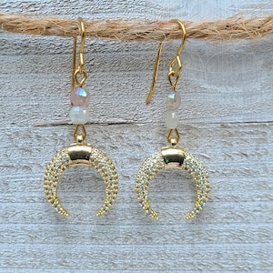 Moonstone Gemstone * Pave Gold-Plated Crescent Moons * Solid Brass Ear Wires