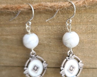 Howlite Gemstone * White Enameled Drops * Sterling Silver Ear Wires