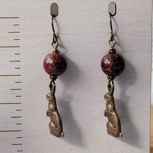 Ruby Quartz Pyrite Gemstone * July Birthstone * Rabbit Charms * Niobium Hypoallergenic Ear Wires