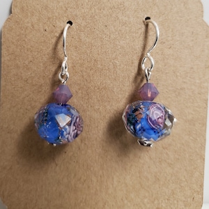 Lampwork * Flower Purple Faceted Beads * Sterling Silver Ear Wires
