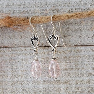 Heart Valentine&#39;s Day Earrings * Light Pink Blush Crystal Teardrops * Sterling Silver Ear Wires
