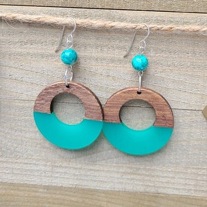 Turquoise Peruvian Gemstones * December Birthstone * Wood/Resin Hoops * Sterling Silver Ear Wires