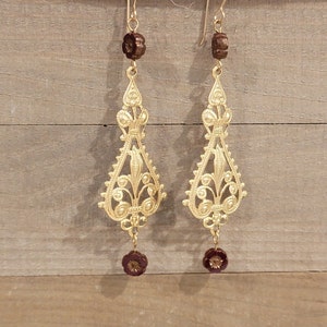 Flower Hibiscus Brass Filigree Dangle Earrings Red * Solid Brass Ear Wires
