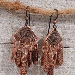 Tribal Aztec Ethnic Chandeliers * Copper Fan * Hammered Spikes * Niobium Hypoallergenic Ear Wires