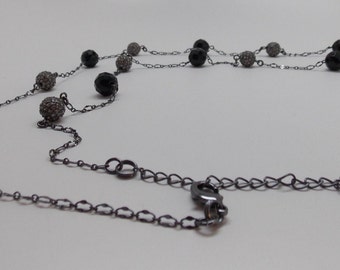 Crystal Black & Silver Beaded Long Chain Necklace