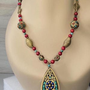 Tibetan * African * Red Bamboo Coral Gemstones * Lapis & Dyed Howlite Inlayed Brass Beads * Necklace/Earrings * 14kt Gold-Filled Ear Wires