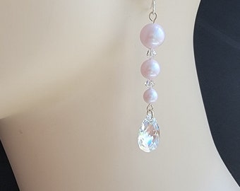 Perles Swarovski rose pâle graduées * Larmes en cristal * Crochets d'oreilles en argent sterling