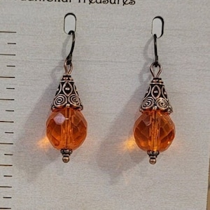 Halloween Fall Thanksgiving Earrings * Orange Crystal * Copper Spiral Cones * Niobium Hypoallergenic Ear Wires