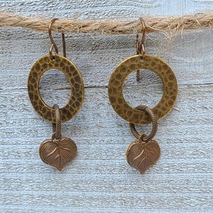 Leaves/Leaf Earrings * Etched Brass * Hammered Brass Rings * Solid Brass Ear Wires