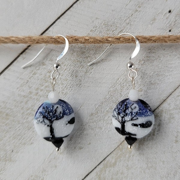 Snowy Night Lampwork * Swarovski Crystals * Sterling Silver Ear Wires