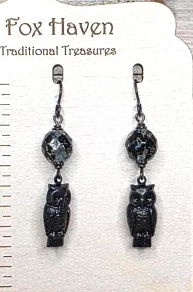 Halloween * Black Owls * Fire-Polished Czech Black/Blue Beads * Hypoallergenic Black Niobium Ear Wir