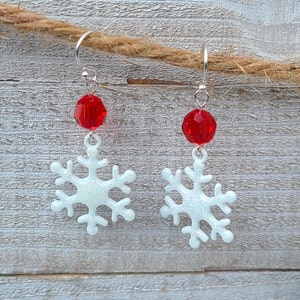 Snowflake * White Enameled * Red Austrian Crystals * Sterling Silver Ear Wires