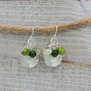 Green Gemstone Trio Earrings * Jade, Green Dalmatian Jasper, Prehnite * Pewter Fern Pendant * Sterling Silver Ear Wires