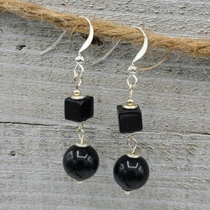 Black Onyx Gemstone * Double Beads * Sterling Silver Ear Wires