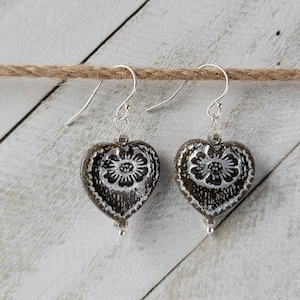 Heart Valentine&#39;s Day Earrings * Silver-Washed Khaki Beads * Sterling Silver Ear Wires